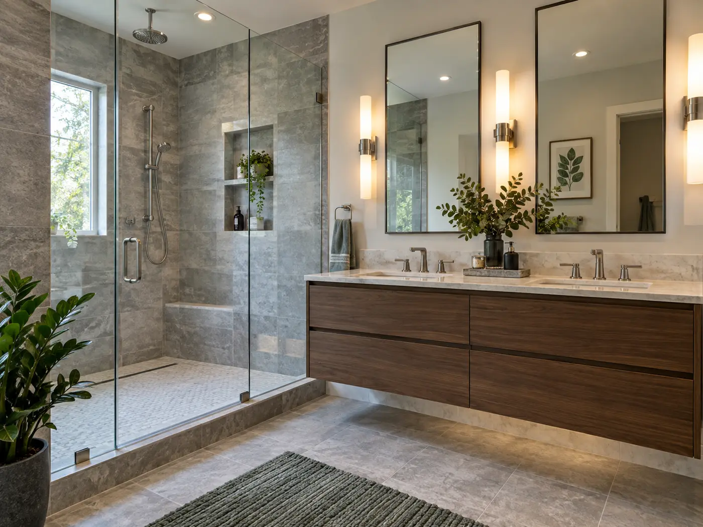 Completed bathroom remodel with tiled shower and floating vanity