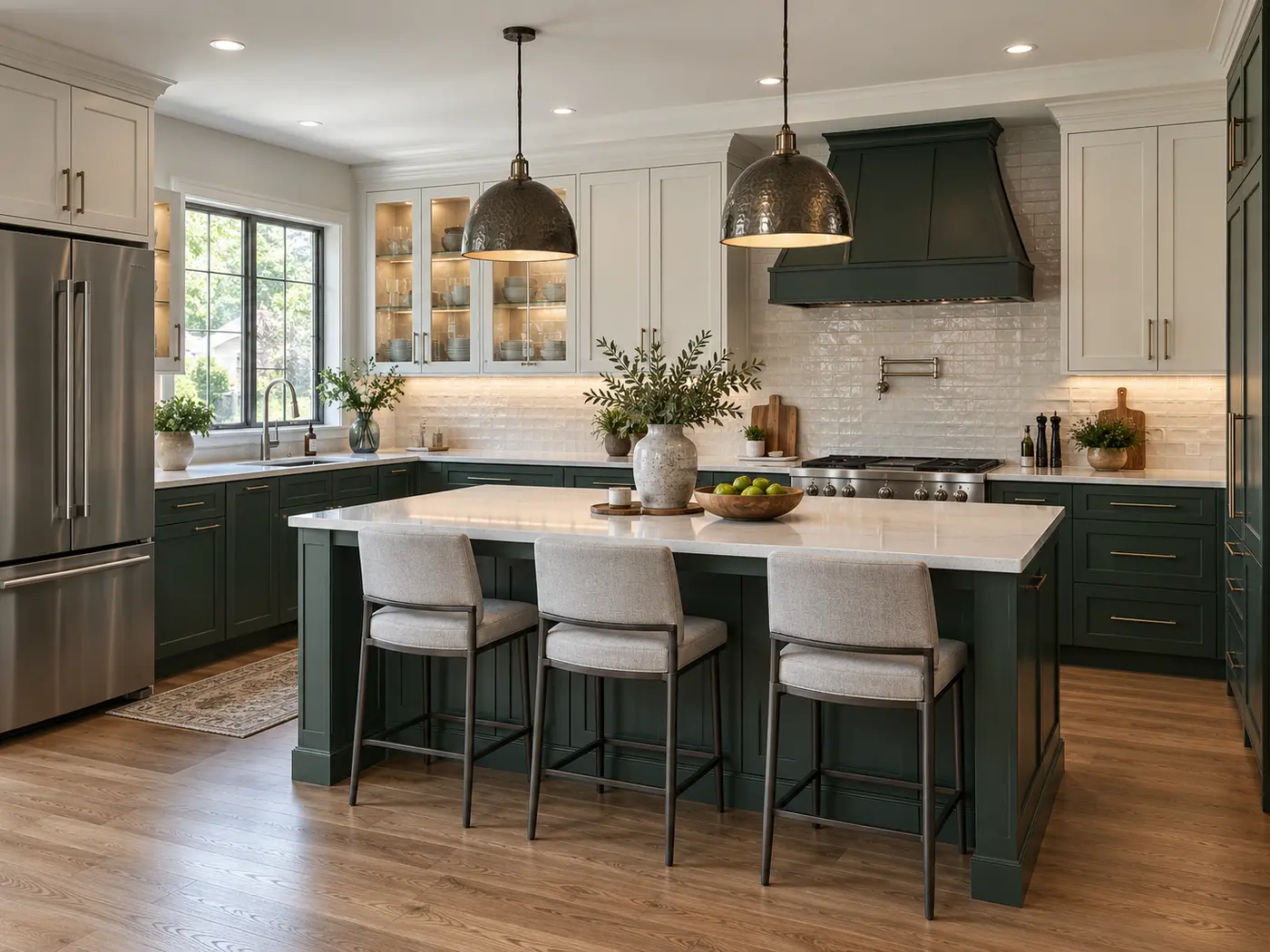 Completed kitchen remodel with green cabinetry and quartz island